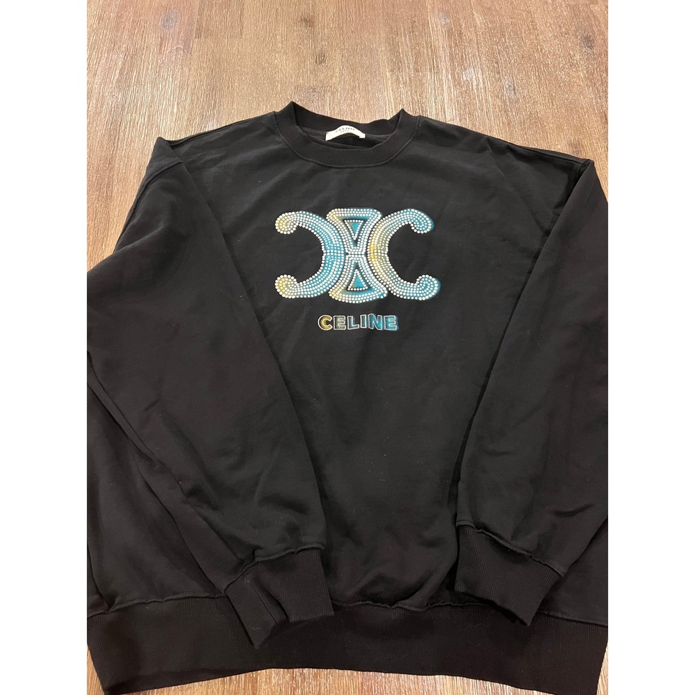 Celine Paris Triomphe Rhinestone Logo Sweatshirt Black 2XL X136682D Madein Italy
